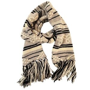 TNA Sea to Sky Scarf Chunky Knit Lambswool Gray Black Ivory Fringe RARE